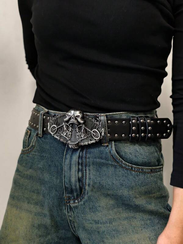 1 pièce Ceinture en PU vintage style cowboy occidental, crâne distressé avec rivets. Accessoire polyvalent à la mode, convient pour les jeans, jupes, vestes, fêtes, tenue décontractée, Halloween, toutes les saisons