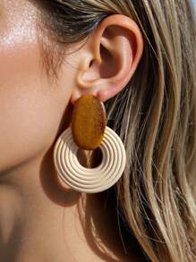 Vintage Geometric Wood Drop Earrings For Women Handmade Brown Color Leaf Shaped Round Circle Wooden Earrings Jewelry
