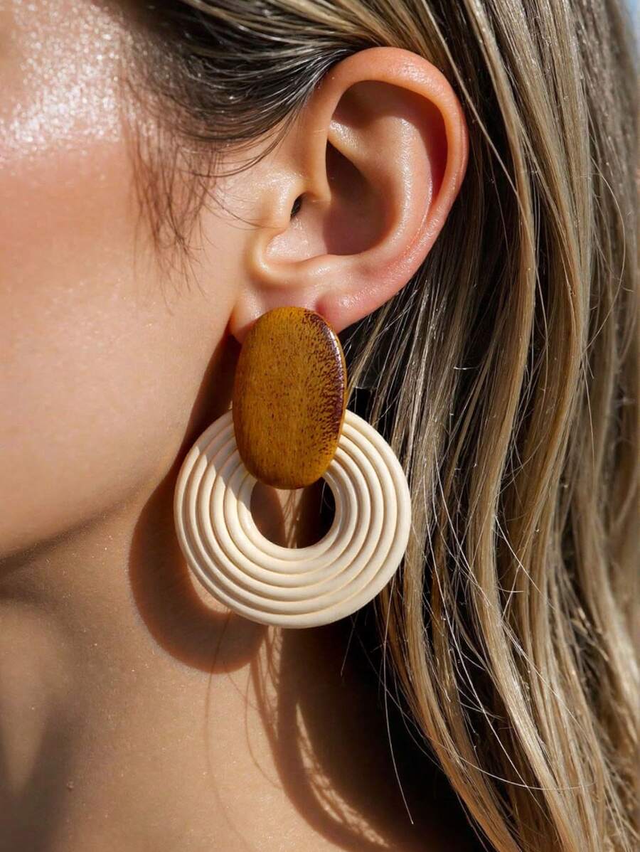 Vintage Geometric Wood Drop Earrings For Women Handmade Brown Color Leaf Shaped Round Circle Wooden Earrings Jewelry