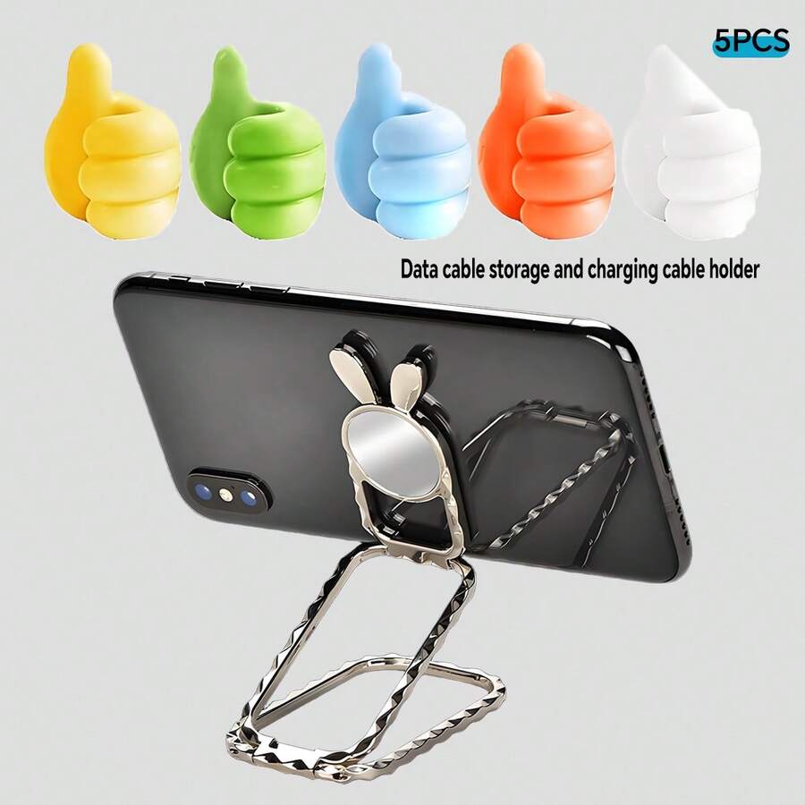 1 个金属环握式手机支架，懒散支架，可折叠桌面，便携式 + 5 个拇指钩电缆整理器，壁挂式粘钩 - 彩色 - 查看 1