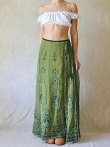 Mori Girl Style Maxi Skirt Cottage Vintage Graphic Print Long Skirt 2000s Cyber Grunge Tie Up High Waist A-Line Skirt Y2k Outfit - 綠色 - 查看 2