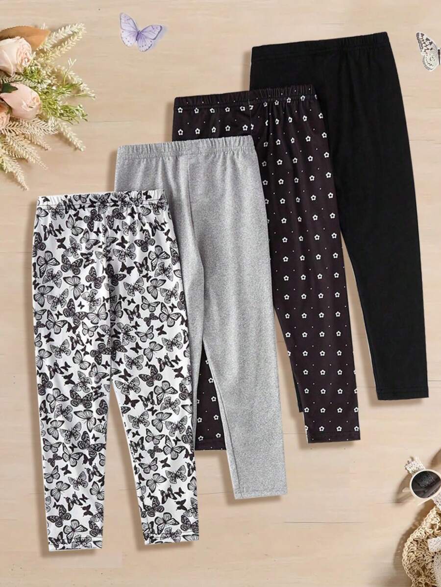 4件套青少年女孩花卉蝴蝶印花休闲针织紧身裤