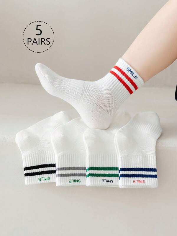 5 paires de chaussettes en mesh pour enfants/tout-petits/bébés, contraste noir et blanc, couleur unie, chaussettes hautes à élasticité élevée, chaussettes à cordon, chaussettes d'équipage colorées avec lettres et rayures, confortables et respirantes, style minimaliste mignon, convient pour le printemps/l'été, chaussettes en mesh, mode polyvalente, pour le port quotidien des élèves, saison de rentrée scolaire, nouveau trimestre, s'assortit avec des chaussures de sport décontracté, des chaussures