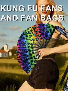 13 Inch Fluorescent Folding Fan - Glow-In-The-Dark Gothic Sun & Moon Constellation Design, Vibrant Rainbow & Leopard Print Fan,Large Black PP Material For Halloween, Raves, Clubs, Concerts, Themed Parties, Cosplay, Costume Props, Gifts, And Dance Events, Halloween Decorations, Without Battery