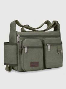 Multi-Pocket Canvas Shoulder Bag – Casual Utility Crossbody Satchel For Men, Daily Travel Organizer With Bottle Holder