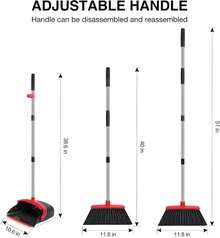 Broom And Dustpan Set, 52-In Long Adjustable Handle Broom Dustpan Combo With Dustpan Teeth To Automatically Clean Hair Suitable For Home Kitchen Office Hall Floor - Đen so với Đỏ - Xem 6
