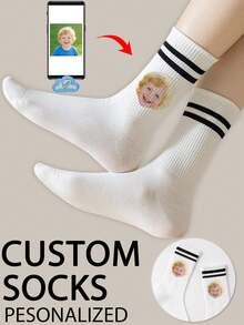 1 Pair Customized Face Pattern Mid-Calf Socks, Personalized Photo Printed Socks, Couple Socks, Customized Graphic Socks, Funny Face Design Socks, Anniversary Gift, Valentine's Day Gift, Birthday Gift, Wedding Gift, Mother's Day Gift, Father's Day Gift, Best Friend Gift, Autumn Socks - White - View 1
