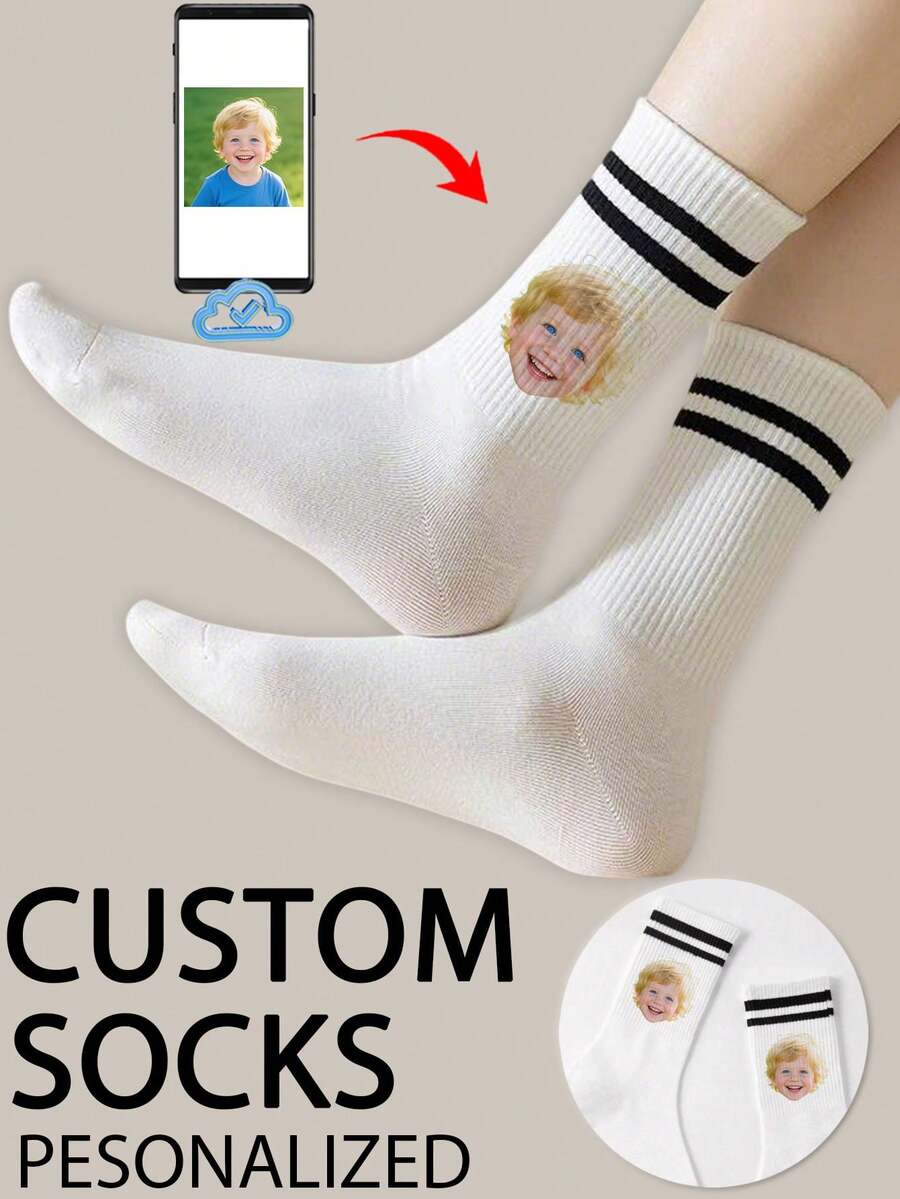 1 Pair Customized Face Pattern Mid-Calf Socks, Personalized Photo Printed Socks, Couple Socks, Customized Graphic Socks, Funny Face Design Socks, Anniversary Gift, Valentine's Day Gift, Birthday Gift, Wedding Gift, Mother's Day Gift, Father's Day Gift, Best Friend Gift, Autumn Socks - White - View 1