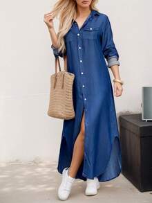 2025 New Women's Front Button Flip Cover Patch Bag Pants Shirt Skirt, Fashionable And Casual Thin Long Skirt, Summer Outfits For Women - 藍色 - 查看 4