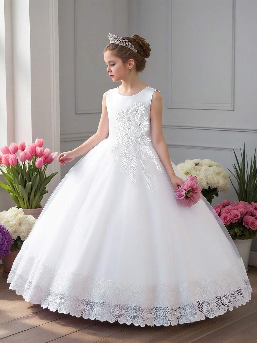 Váy dạ hội thanh lịch bằng vải tuyn trơn màu họa tiết hoa 3D cho bé gái tuổi teen, thích hợp cho đám cưới và tiệc tùng, không bao gồm băng đô - trắng - Xem 1