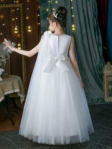 少女香槟色蝴蝶结网眼派对礼服，优雅公主裙，生日礼物，庆典，派对，婚礼伴娘花童礼服 - 白色 - 查看 2