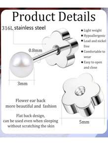 4 Pairs Flat Back Pearl Stud Earrings For Women Girls Stainless Steel Small Pearl Cartilage Earrings Hypoallergenic Pearl Screw Back Earrings For Sensitive Skin Helix Piercing Jewelry