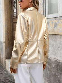 Women's Faux Leather Blazer, Long Sleeve Faux Leather Lapel Button Blazer For Outings - Gold - View 9