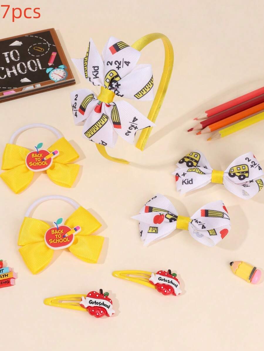 Set da 7 pezzi di accessori per capelli per il ritorno a scuola, con fermagli per capelli in tessuto colorato, lacci per capelli, fermagli a forma di matita e mela, fascia per capelli, forcine, set di accessori per capelli di moda per ragazze, adolescenti, studenti, per uso quotidiano e come regalo