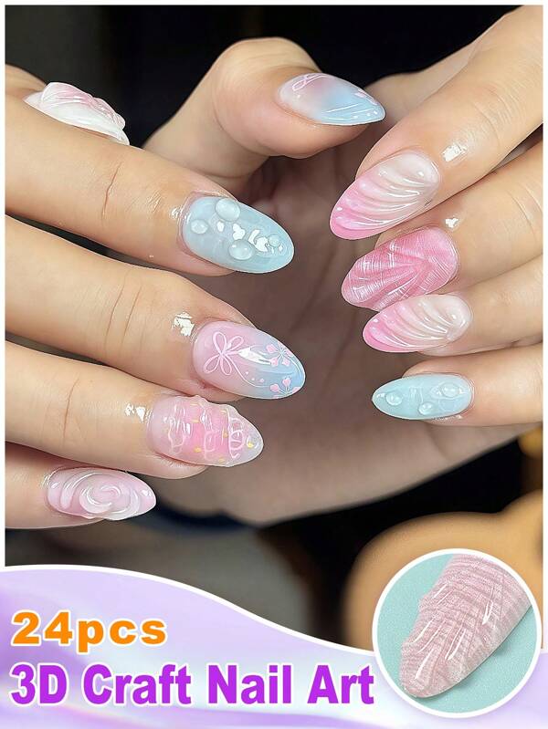 24 piezas Uñas de verano Uñas acrílicas con forma de almendra Uñas postizas con degradado de color azul claro y rosa, punta francesa y diseño en 3D de gotas de agua, flores y lazos. Uñas postizas de estilo fresco y lindo, de cobertura completa y brillo, para uso diario, citas y fiestas, para mujeres y niñas.