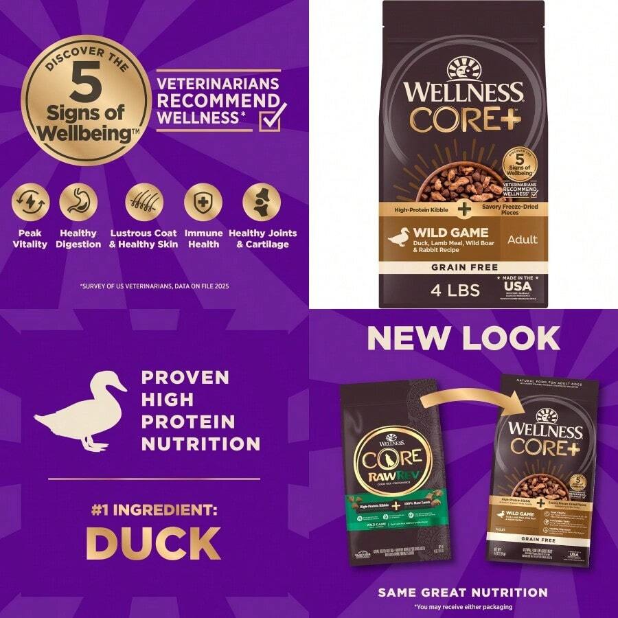 CORE+ Formerly RawRev Dry Dog Food With Freeze Dried Pieces Grain Free High Protein Natural Wild Game Duck Lamb Wild Boar Rabbit Recipe (4Pound Bag) - 野味 - 查看 1