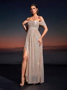Women's Sexy Off-Shoulder Ruffle Waist Slit Maxi Party Dress, Bridesmaid Dress Women's Elegant Autumn Fashion Long Dress Women's New Year's Eve & Christmas Long Dress - Apricot - View 5