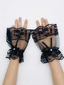 1 双黑白短款蕾丝边手套，女士洛丽塔服装配饰，万圣节、新娘、婚礼手套
