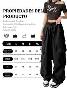 Pantalón largo cargo para dama, pantalones cargo jogger de alta elasticidad y pantalones casuales sólidos para mujer, estilo urbano con cintura alta y cordón ajustable, pierna ancha y bolsillos grandes, en color negro o gris, cómodos, elásticos y ligeros - Negro - Ver 8