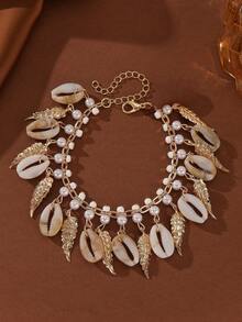 1 件时尚海洋元素珠宝，流苏贝壳硬币脚链，女士海滩度假珠宝