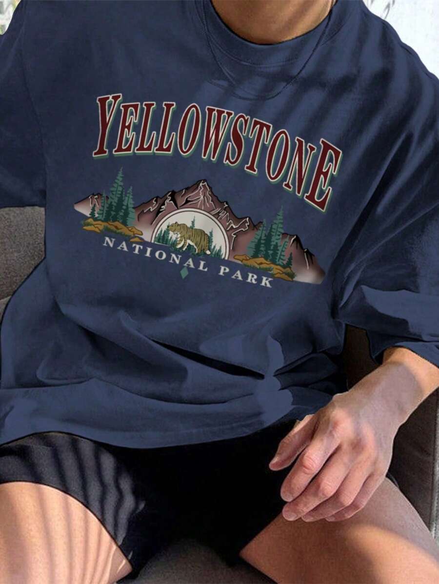 Plus Men's Summer Letter & Mountain Graphic Round Neck Short Sleeve Casual T-Shirt