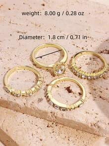 4 件套时尚精致奢华高端百搭休闲优雅水钻镶嵌金色合金戒指，适合作为送给女朋友的礼物、结婚/订婚戒指 - 彩色 - 查看 7