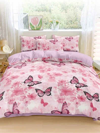 2/3 pièces Ensemble de literie motif papillon, Ensemble de linge de lit rose, Peau-friendly et confortable, Doux et douillet, Avec fermeture éclair et attaches aux coins, Respirant et léger, Soyeux et lisse, Convient pour toutes les saisons, Adapté pour lit simple/double/king, Comprend 1 housse de couette et 2/1 taie d'oreiller, Idéal pour les cadeaux de vacances, la décoration d'automne, la décoration de la chambre