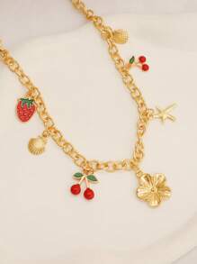 1 pièce Nouveau collier pendentif personnalisé avec éléments mélangés de fleurs, cerises, fraises et coquillages pour l'été. Convient pour la plage, les vacances, les fêtes et les festivals de musique. La longueur de la chaîne peut être personnalisée.