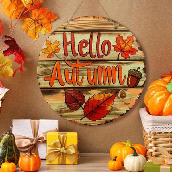 Hallo Herbst Rundes Holzschild - Bauernhaus, Land und Garten Dekoration perfekt zum Aufhängen als Kranz-Tischdeko oder Wandbehang und Thanksgiving Dekorationen