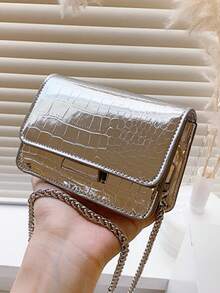 Bolso mini texturizado, bolso cruzado de cadena versátil de moda de verano 2025, bolso cuadrado mini elegante - Plateado - Ver 7