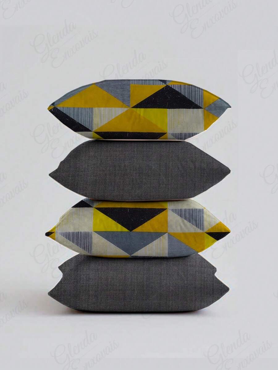 (4 Units) 45x45 Pillow Covers – 2 Plain And 2 Printed – Assorted Colors – AL - Vàng-Xám Hình Tam Giác - Xem 1