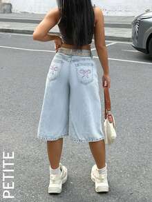 PETITE Women's Y2K Loose Fit Wide Leg Seven-Point Denim Jeans Pants With Butterfly Embroidery Pockets - Light Wash - View 7