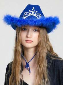 1pc Women's Autumn Party Rhinestone Pink Crown Cowboy Hat, Halloween Feather Edge Festival Party Hat Suitable For Daily Wear - Multicolor - View 3