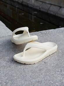 男女款休闲纯色柔软舒适人字拖，适合户外、海滩、度假、四季 - 米色 - 查看 6