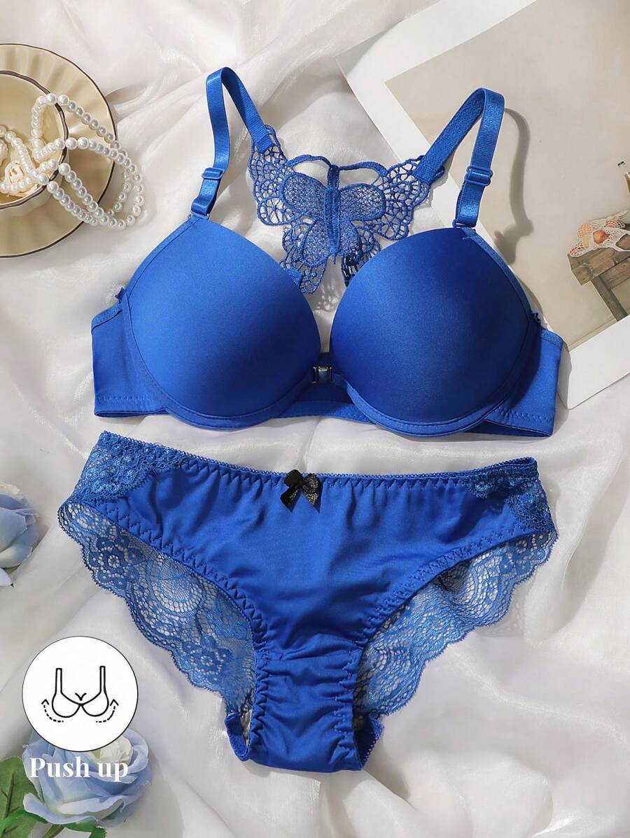1 Set Women Lace Underwire Push-Up Bra And Panty Set - Blue - View 1