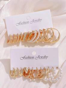 36 Pcs Vintage-Inspired Faux Pearl Hoop Earring Set, Retro Gold Finish, Ideal For Autumn Styling, Date Night & Elegant Gifting Moments - Yellow Gold - View 5