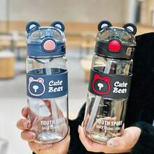 550ml Summer Soft Straw Plastic Water Bottle, Portable Sweet Cartoon Bear Water Bottle For Home, Students, Outdoor Sports, Running - Blue - View 5