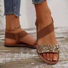 Women's Flat Sandals, Summer Open-Toe Pointed Low-Heeled Shoes With Crystal Decorations, Round-Toe Brown Leather Slippers, Comfortable And Elegant, Suitable For Casual Wear Or Vacation. - Brown - View 4