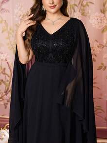 SUPGIR Plus Women's V-Neck Sequin Patchwork Floating Piece Sleeve Slim-Fitting Chiffon Elegant Evening Dress