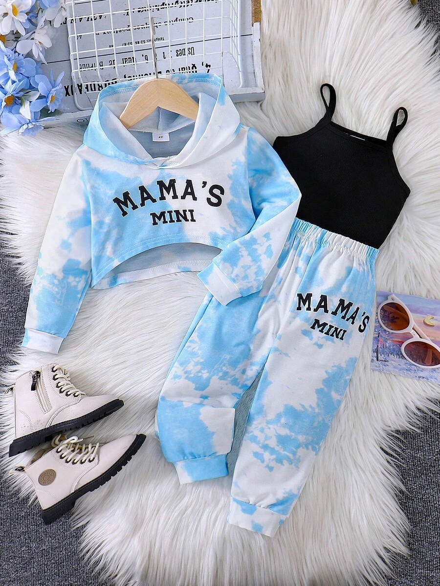 3-Piece Girls' Street Style Tie-Dye Print Long Sleeve Hoodie, Camisole And Pants Set, Autumn/Winter - Blue - View 1