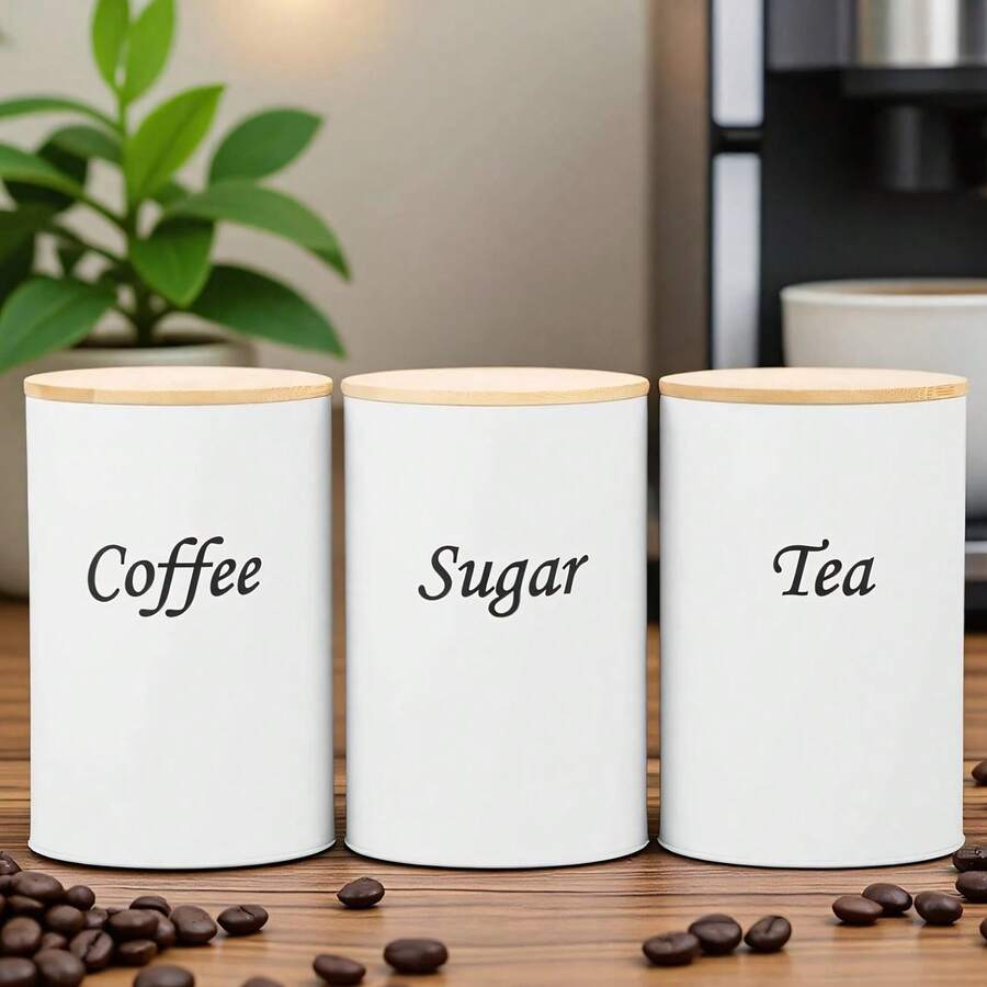 3件套厨房储物罐，带竹盖，密封金属罐套装，食品储物容器，适用于存放咖啡、糖、茶叶、面粉等，乡村风格厨房装饰