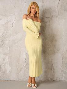 PARTHEA Off Shoulder Knit Solid Color Bodycon Off Shoulder Sweater Dress - Yellow - View 5