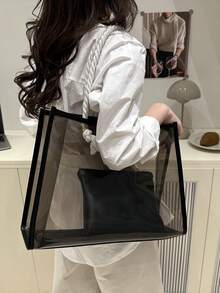 2pcs/Set Women Fashion Color Block Transparent Beach Tote Bags - Black - View 5
