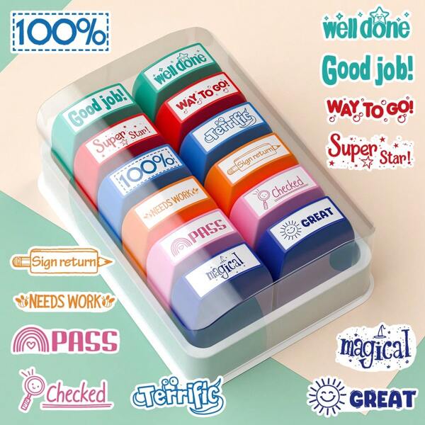 12pcs Multicolor Self-Inking Stamp Set, Rectangular Shape, ABS Material, With Storage Tray, For Teachers, Scoring, Encouragement And Business Stamping Needs, English Language,School Supplies,Back To School