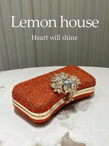 1pc Orange Glitter Luxury Rhinestone Elegant Evening Bag, Rhinestone Embellished Fashion Clutch Purse For Formal Party, Wedding, Cocktail Party - Ideal Gift For Women - Orange - View 6