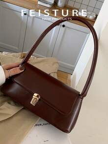 1个复古女士腋下单肩包，PU皮革材质，金属翻盖法棍包 - 咖啡棕 - 查看 8