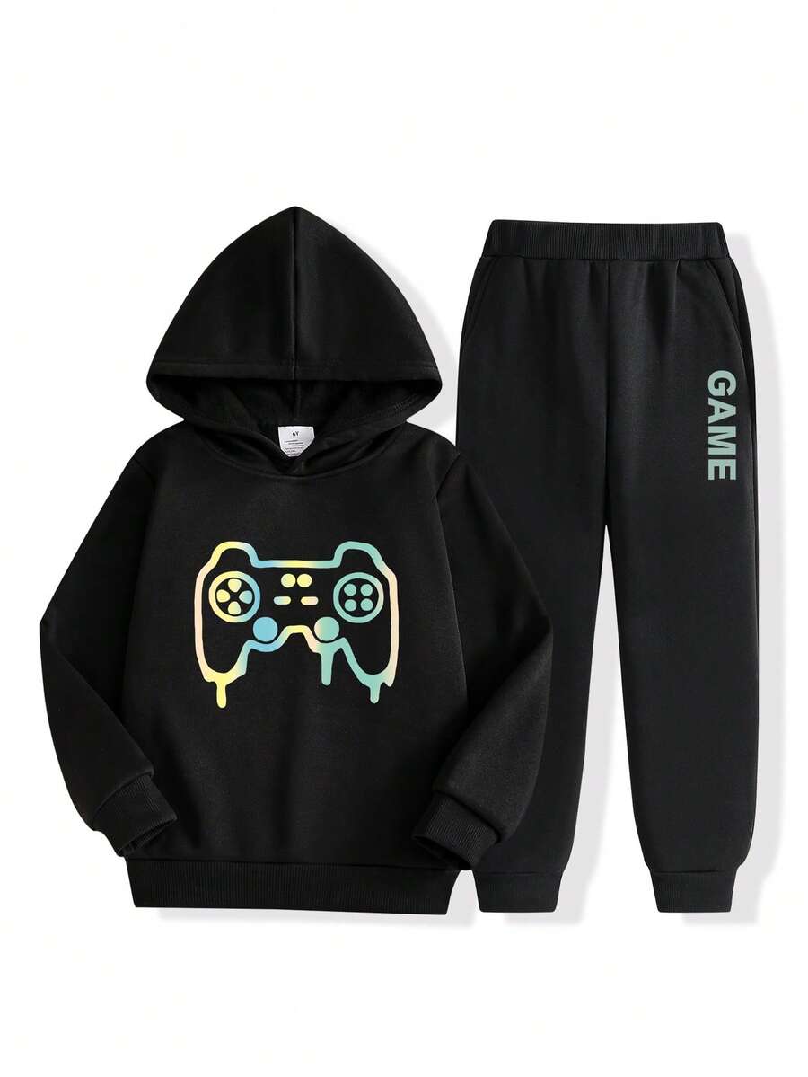 2 pièces Set de sweat-shirt à capuche et pantalon de survêtement imprimé graphique de jeux vidéo pour jeunes garçons - Noir - Voir 1