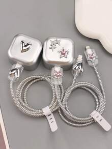 5 件套银色 TPU 手机壳，带粉色水钻五角星和 3D 心形充电器保护器，兼容 20W 英国插头适配器电缆保护器充电器配件手机配件