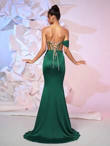 Đầm dạ hội đuôi cá hở lưng đính cườm hoa thanh lịch dành cho quý cô, thích hợp cho dạ hội, khách dự tiệc cưới, tiệc tùng - Màu xanh lá cây đậm - Xem 2