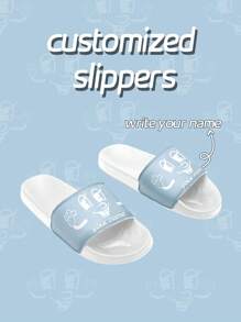 [Customizable Name] Men's Smiling Face Pattern Personalized Slippers, Summer Couples Indoor Anti-Slip Beach Sandals, Customized Slides For Men